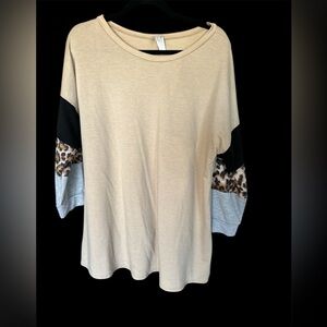 LILY PAD - Tan Top with Black and Leopard Print Sleeves